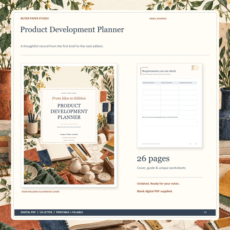 Actual illustrated cover and blank page 6, Requirements you can check, from the 26-page Product Development Planner. Printable and fillable US Letter digital PDF.