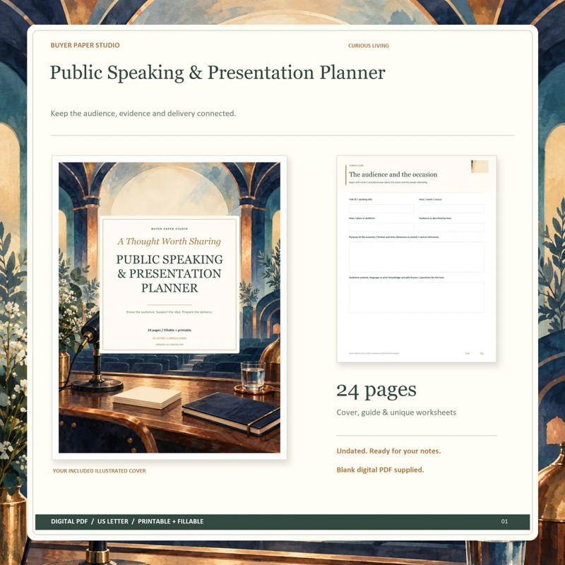 Actual illustrated cover and blank page 3, The audience and the occasion, from the 24-page Public Speaking & Presentation Planner. Printable and fillable US Letter digital PDF.