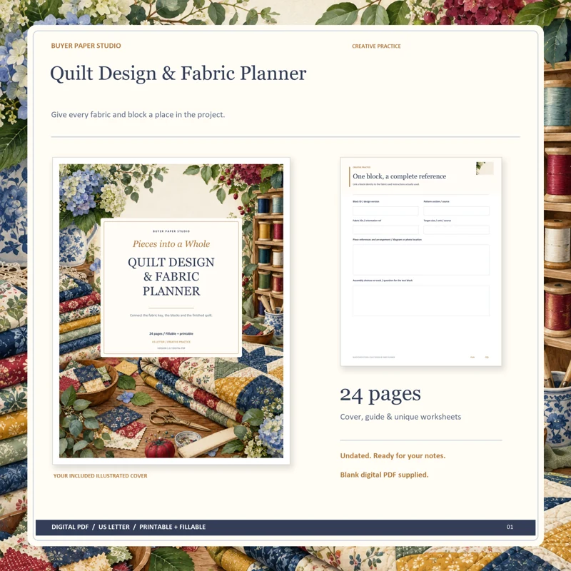 Actual illustrated cover and blank page 9, One block, a complete reference, from the 24-page Quilt Design & Fabric Planner. Printable and fillable US Letter digital PDF.