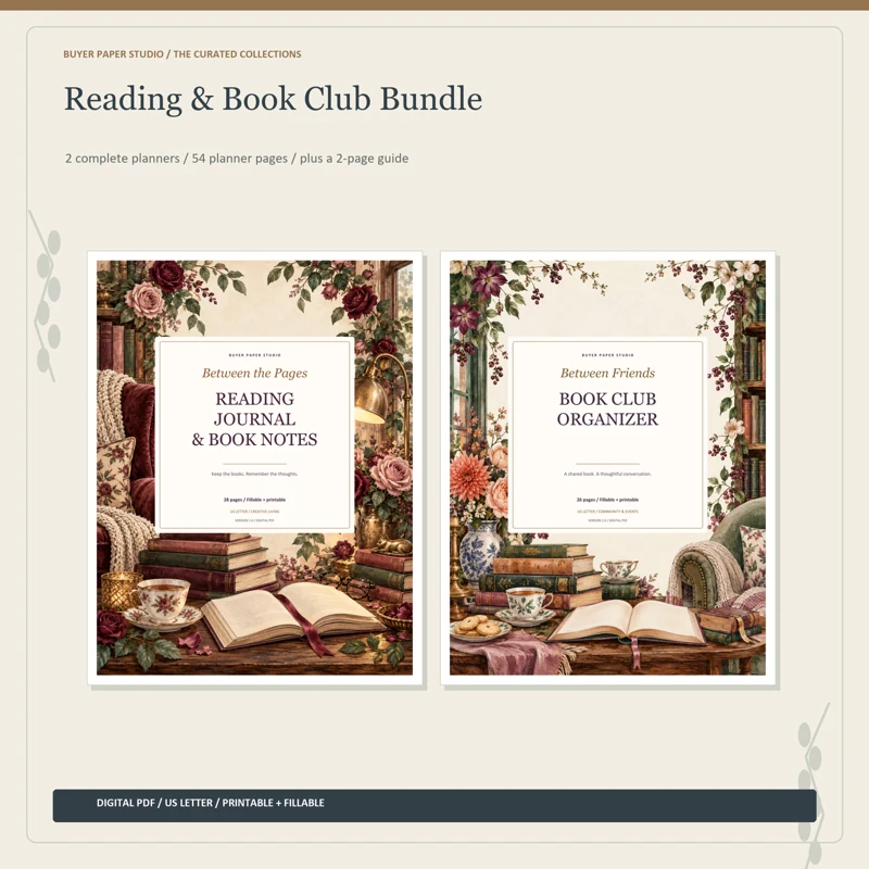 Actual covers of all 2 included planners in Reading & Book Club Bundle. 54 planner pages plus a separate two-page guide. Digital PDF collection.