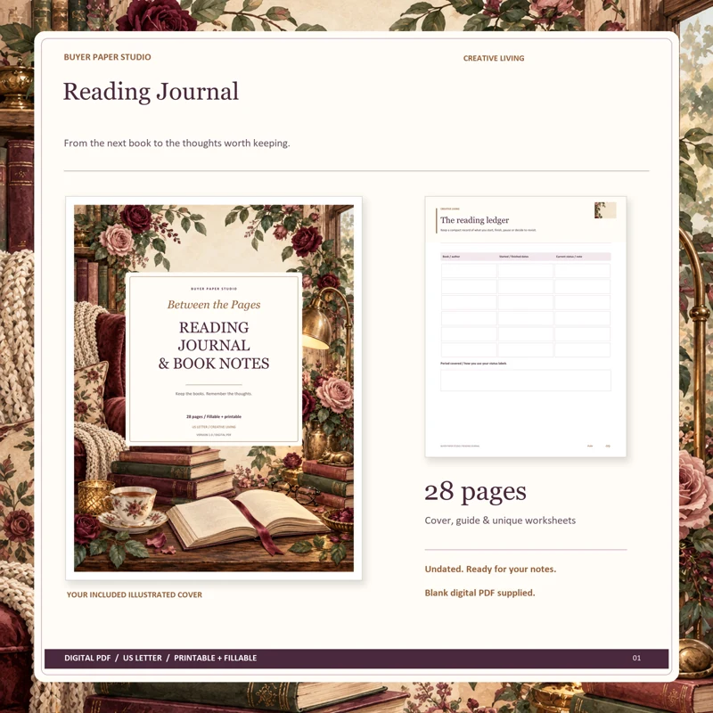 Actual illustrated cover and blank page 9, The reading ledger, from the 28-page Reading Journal. Printable and fillable US Letter digital PDF.