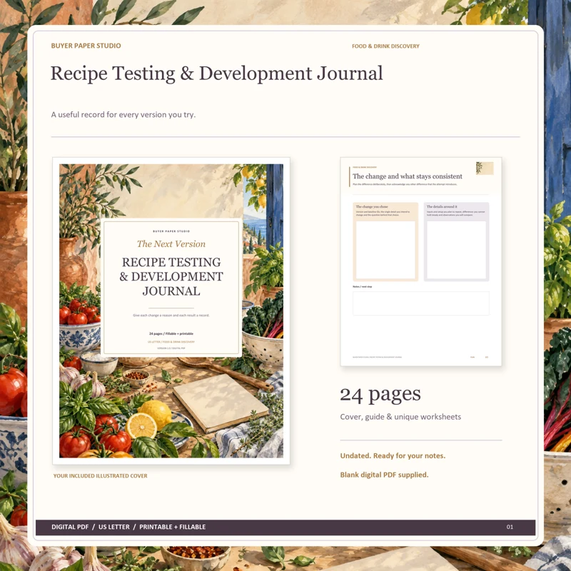 Actual illustrated cover and blank page 10, The change and what stays consistent, from the 24-page Recipe Testing & Development Journal. Printable and fillable US Letter digital PDF.