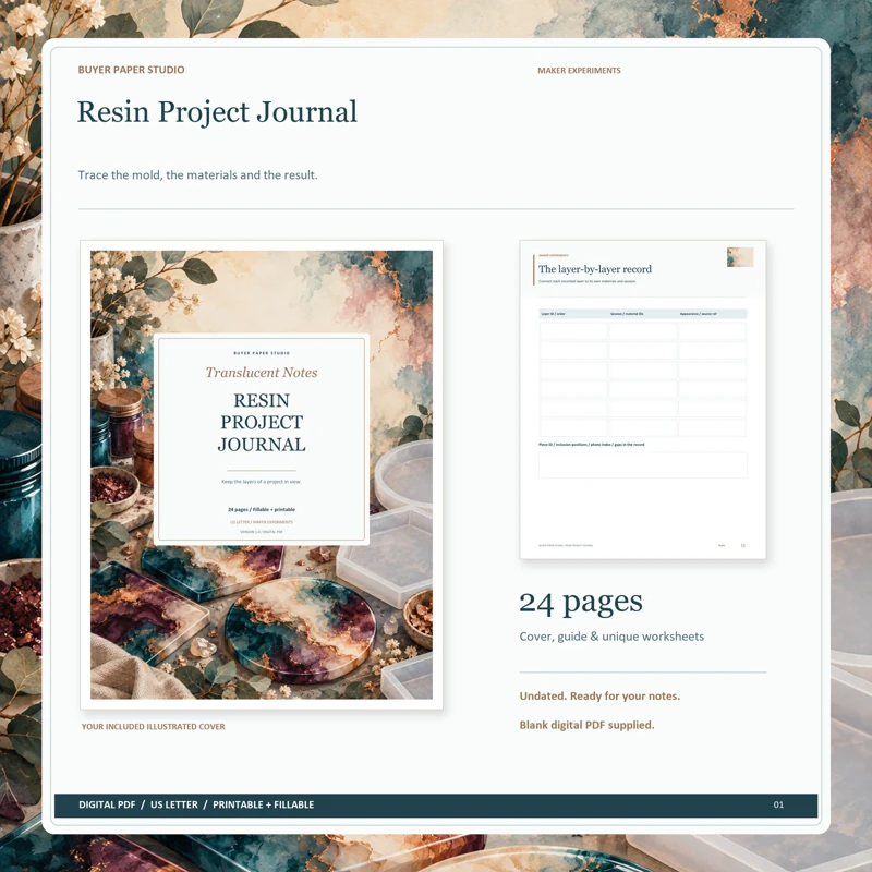 Actual illustrated cover and blank page 13, The layer-by-layer record, from the 24-page Resin Project Journal. Printable and fillable US Letter digital PDF.
