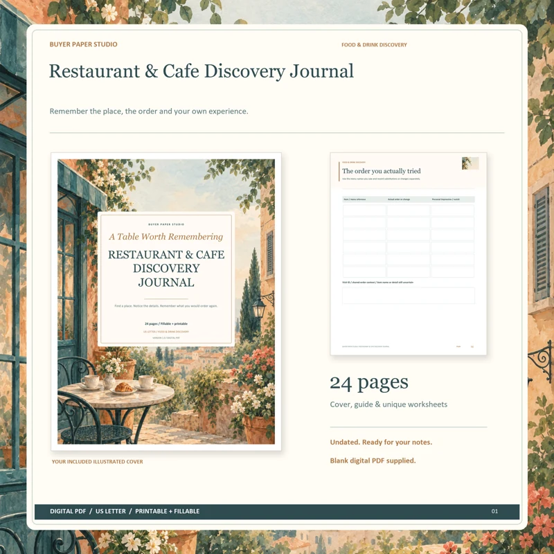 Actual illustrated cover and blank page 14, The order you actually tried, from the 24-page Restaurant & Cafe Discovery Journal. Printable and fillable US Letter digital PDF.