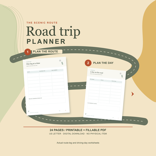 Road Trip Planner with actual One leg at a time and A day on the road worksheets connected by an original winding route illustration. 24-page printable and fillable US Letter PDF. Digital download; no physical item.