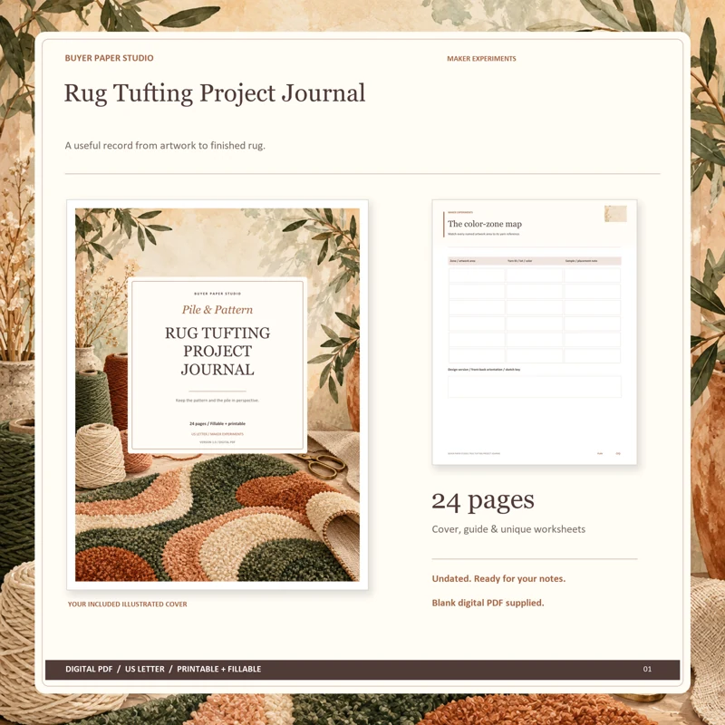 Actual illustrated cover and blank page 9, The color-zone map, from the 24-page Rug Tufting Project Journal. Printable and fillable US Letter digital PDF.