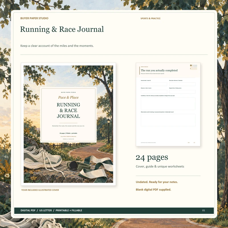 Actual illustrated cover and blank page 7, The run you actually completed, from the 24-page Running & Race Journal. Printable and fillable US Letter digital PDF.
