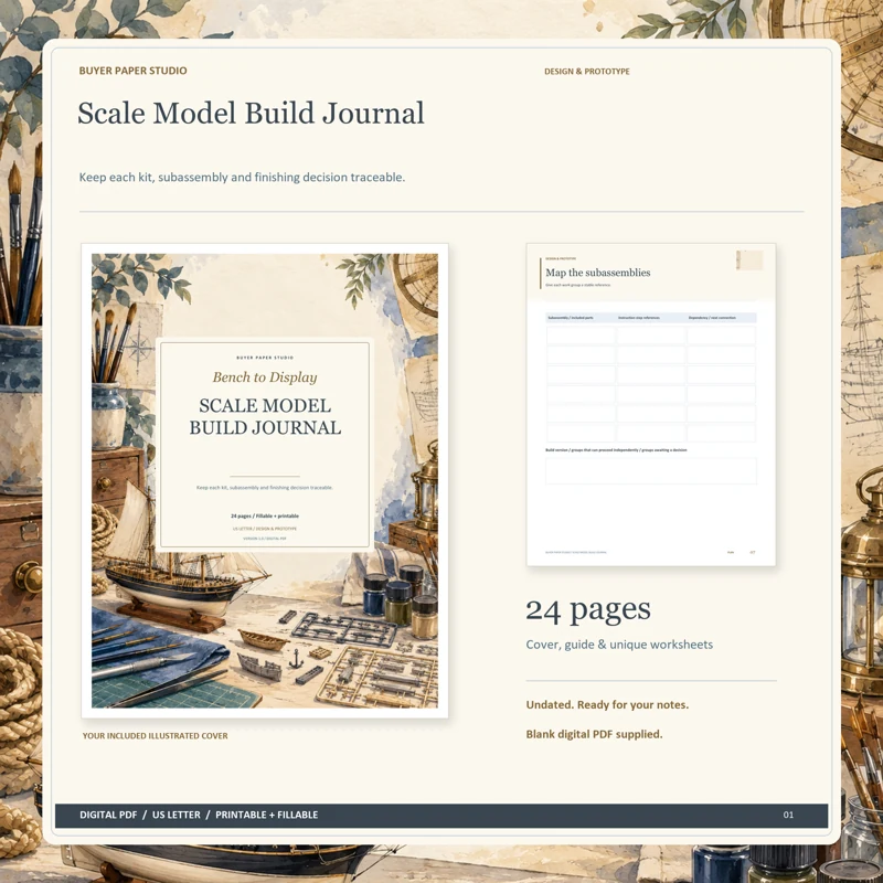 Actual illustrated cover and blank page 7, Map the subassemblies, from the 24-page Scale Model Build Journal. Printable and fillable US Letter digital PDF.