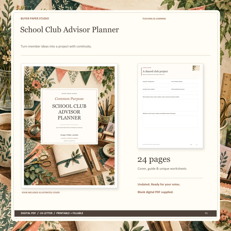 Actual illustrated cover and blank page 11, A shared club project, from the 24-page School Club Advisor Planner. Printable and fillable US Letter digital PDF.