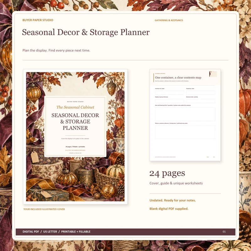 Actual illustrated cover and blank page 22, One container, a clear contents map, from the 24-page Seasonal Decor & Storage Planner. Printable and fillable US Letter digital PDF.