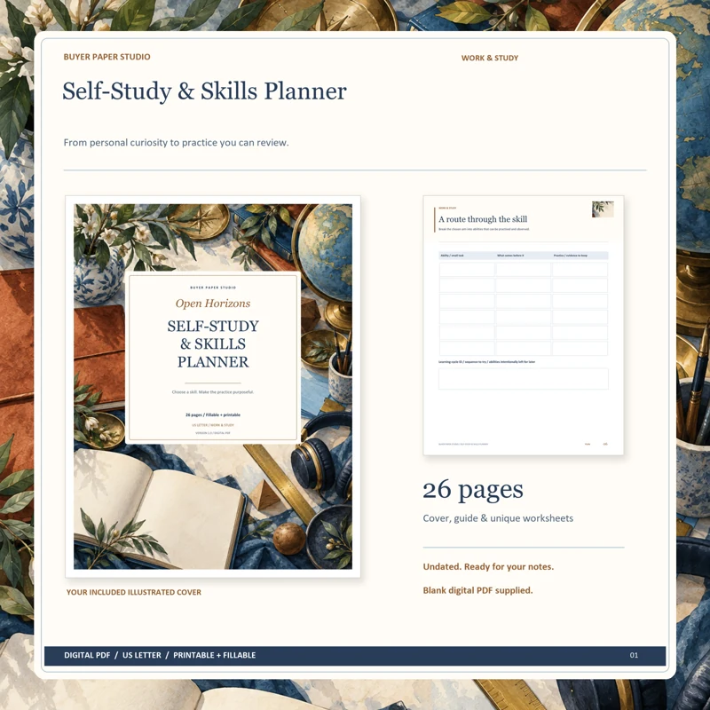 Actual illustrated cover and blank page 6, A route through the skill, from the 26-page Self-Study & Skills Planner. Printable and fillable US Letter digital PDF.
