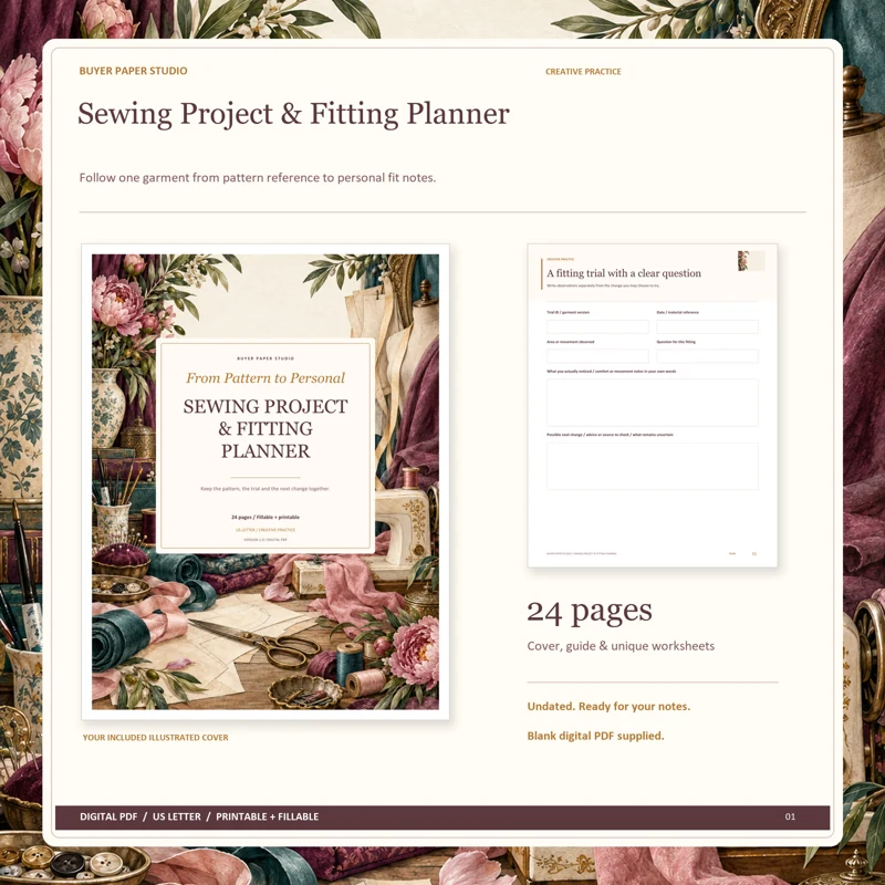 Actual illustrated cover and blank page 13, A fitting trial with a clear question, from the 24-page Sewing Project & Fitting Planner. Printable and fillable US Letter digital PDF.
