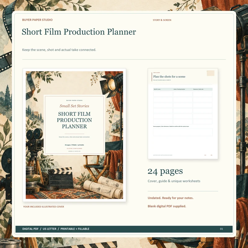 Actual illustrated cover and blank page 9, Plan the shots for a scene, from the 24-page Short Film Production Planner. Printable and fillable US Letter digital PDF.