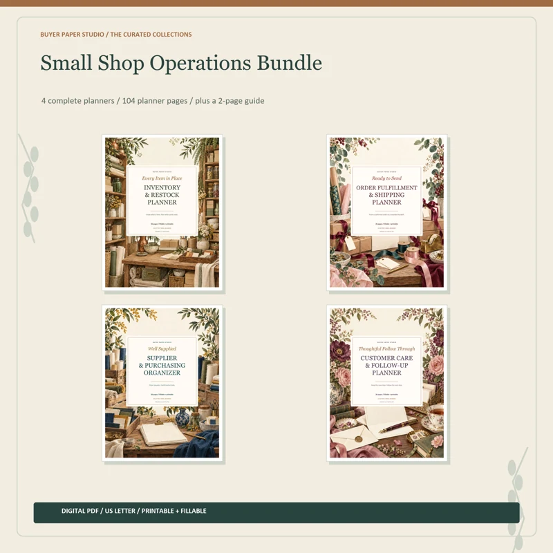 Actual covers of all 4 included planners in Small Shop Operations Bundle. 104 planner pages plus a separate two-page guide. Digital PDF collection.