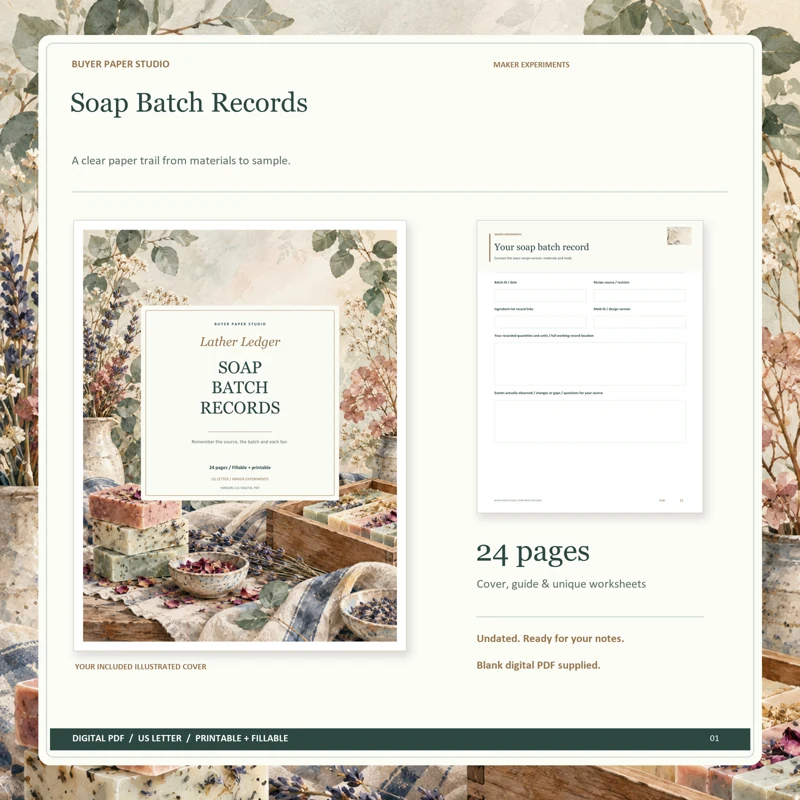 Actual illustrated cover and blank page 11, Your soap batch record, from the 24-page Soap Batch Records. Printable and fillable US Letter digital PDF.