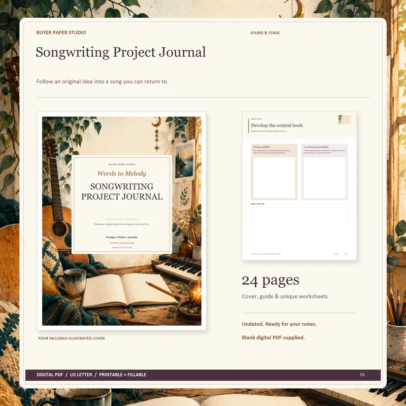 Actual illustrated cover and blank page 7, Develop the central hook, from the 24-page Songwriting Project Journal. Printable and fillable US Letter digital PDF.