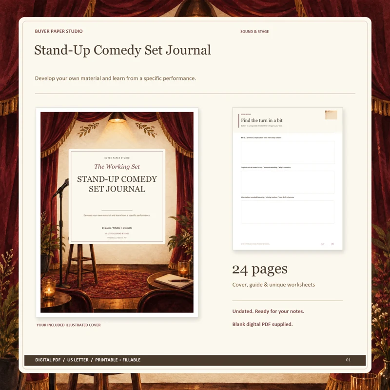 Actual illustrated cover and blank page 6, Find the turn in a bit, from the 24-page Stand-Up Comedy Set Journal. Printable and fillable US Letter digital PDF.