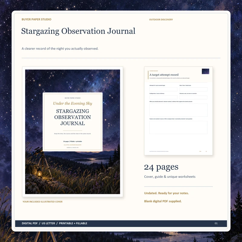 Actual illustrated cover and blank page 12, A target attempt record, from the 24-page Stargazing Observation Journal. Printable and fillable US Letter digital PDF.