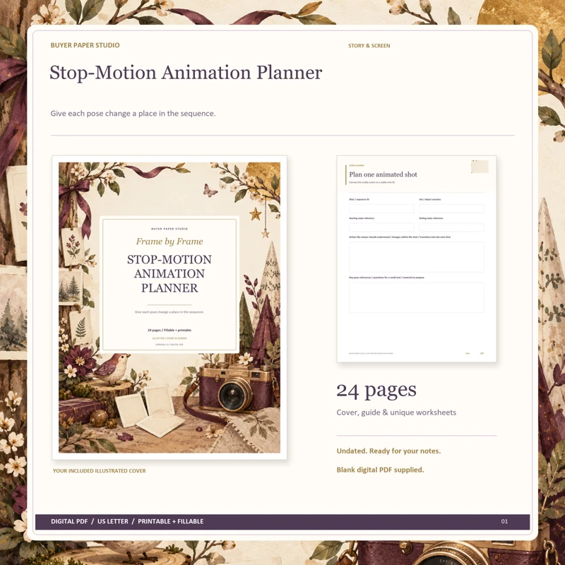 Actual illustrated cover and blank page 8, Plan one animated shot, from the 24-page Stop-Motion Animation Planner. Printable and fillable US Letter digital PDF.