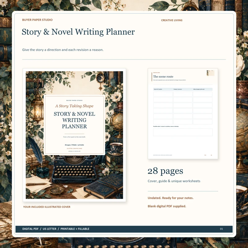 Actual illustrated cover and blank page 15, The scene route, from the 28-page Story & Novel Writing Planner. Printable and fillable US Letter digital PDF.