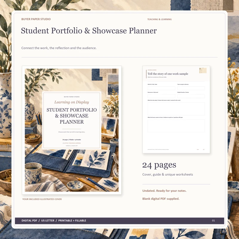 Actual illustrated cover and blank page 7, Tell the story of one work sample, from the 24-page Student Portfolio & Showcase Planner. Printable and fillable US Letter digital PDF.