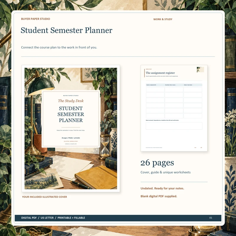 Actual illustrated cover and blank page 8, The assignment register, from the 26-page Student Semester Planner. Printable and fillable US Letter digital PDF.