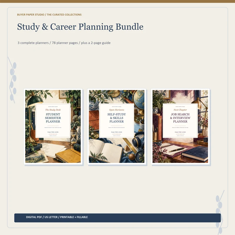 Actual covers of all 3 included planners in Study & Career Planning Bundle. 78 planner pages plus a separate two-page guide. Digital PDF collection.