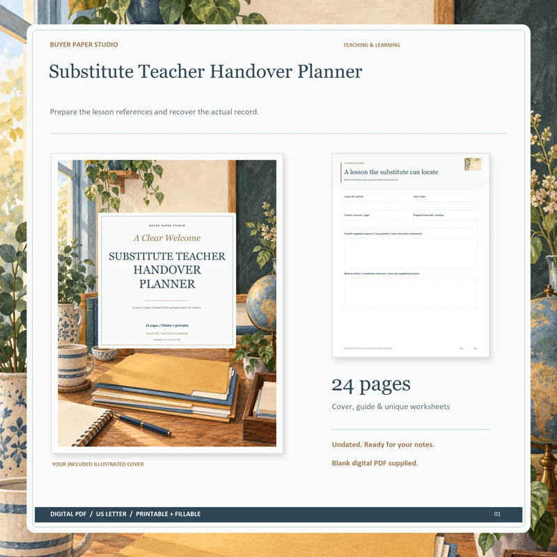 Actual illustrated cover and blank page 9, A lesson the substitute can locate, from the 24-page Substitute Teacher Handover Planner. Printable and fillable US Letter digital PDF.