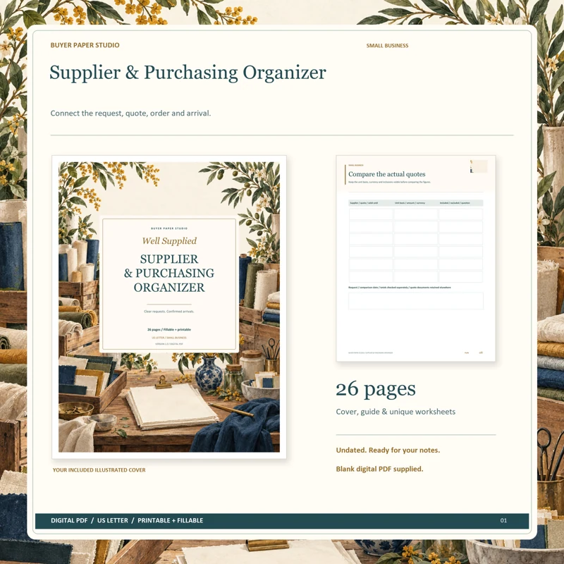 Actual illustrated cover and blank page 8, Compare the actual quotes, from the 26-page Supplier & Purchasing Organizer. Printable and fillable US Letter digital PDF.