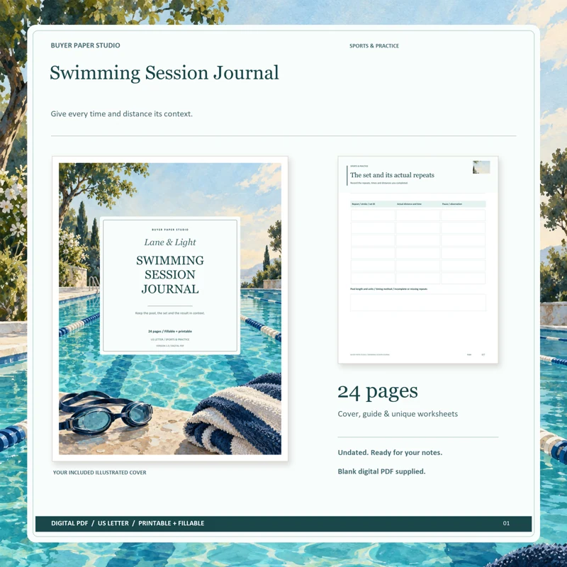 Actual illustrated cover and blank page 7, The set and its actual repeats, from the 24-page Swimming Session Journal. Printable and fillable US Letter digital PDF.