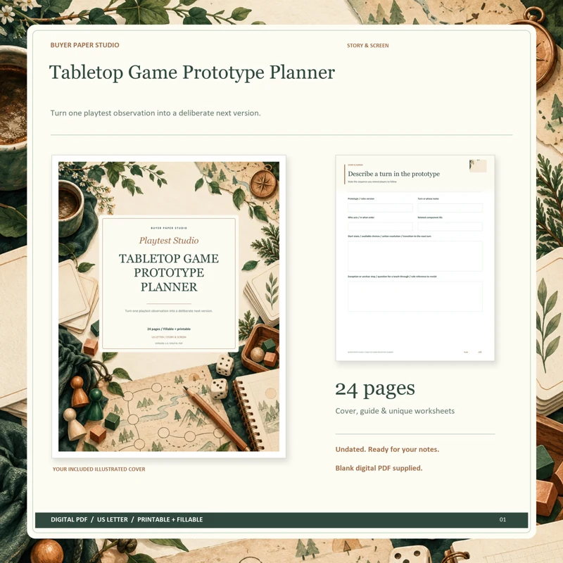 Actual illustrated cover and blank page 6, Describe a turn in the prototype, from the 24-page Tabletop Game Prototype Planner. Printable and fillable US Letter digital PDF.