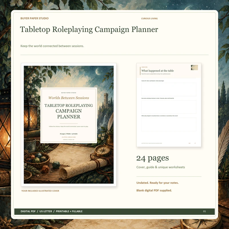 Actual illustrated cover and blank page 17, What happened at the table, from the 24-page Tabletop Roleplaying Campaign Planner. Printable and fillable US Letter digital PDF.