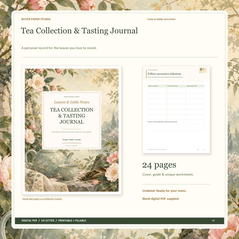 Actual illustrated cover and blank page 12, Follow successive infusions, from the 24-page Tea Collection & Tasting Journal. Printable and fillable US Letter digital PDF.