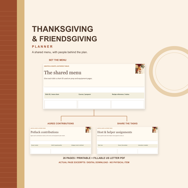 Thanksgiving and Friendsgiving Planner showing actual excerpts from The shared menu, Potluck contributions and Host and helper assignments connected as a planning sequence. 26-page printable and fillable US Letter PDF. Digital download.