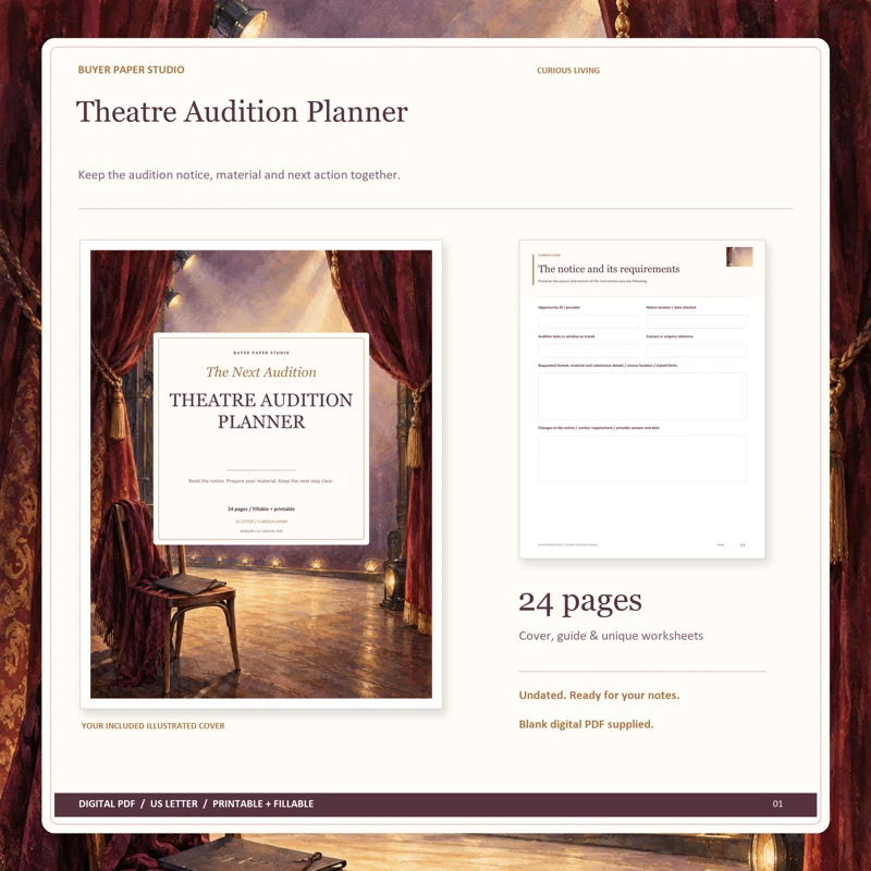 Actual illustrated cover and blank page 4, The notice and its requirements, from the 24-page Theatre Audition Planner. Printable and fillable US Letter digital PDF.