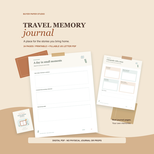 Travel Memory Journal with actual A day in small moments and A keepsake with a story pages, plus a small cover reference and blank decorative ticket shapes. 24-page printable and fillable US Letter PDF. No physical journal or props.