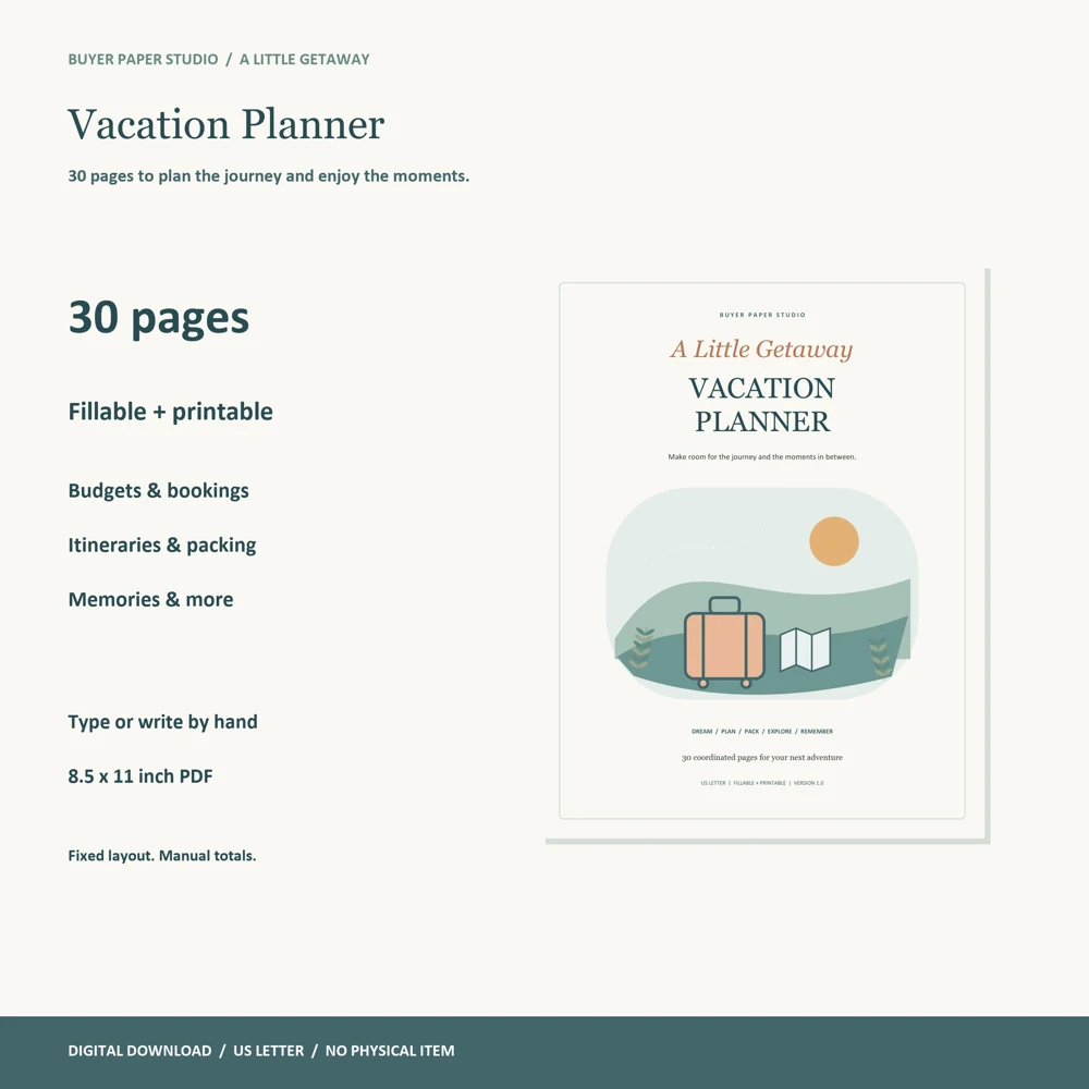 Vacation Planner cover and actual planning pages