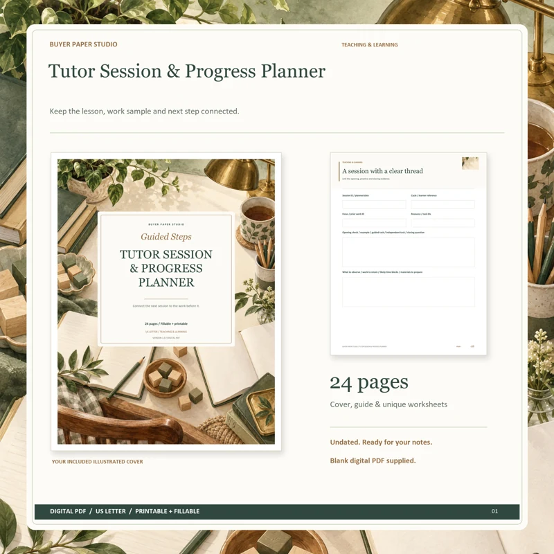 Actual illustrated cover and blank page 8, A session with a clear thread, from the 24-page Tutor Session & Progress Planner. Printable and fillable US Letter digital PDF.