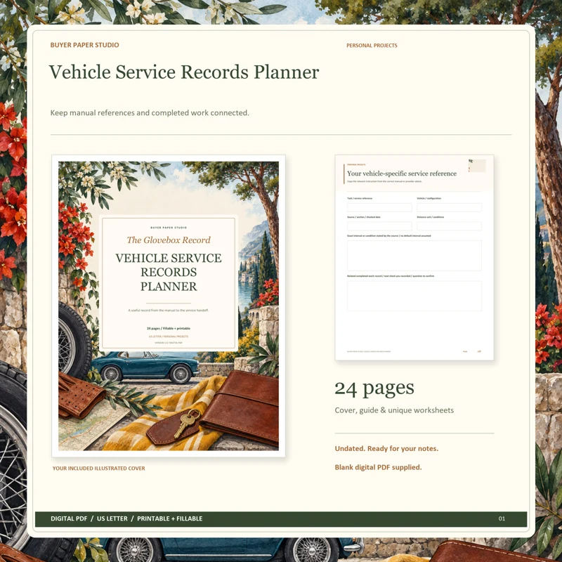 Actual illustrated cover and blank page 8, Your vehicle-specific service reference, from the 24-page Vehicle Service Records Planner. Printable and fillable US Letter digital PDF.