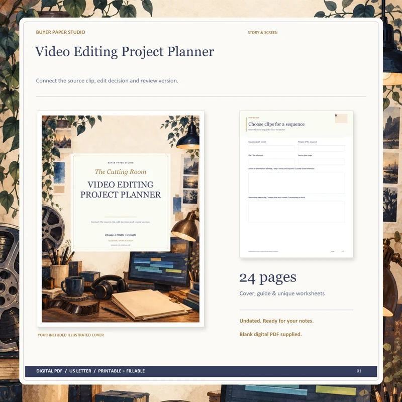 Actual illustrated cover and blank page 7, Choose clips for a sequence, from the 24-page Video Editing Project Planner. Printable and fillable US Letter digital PDF.