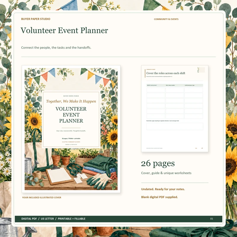 Actual illustrated cover and blank page 8, Cover the roles across each shift, from the 26-page Volunteer Event Planner. Printable and fillable US Letter digital PDF.