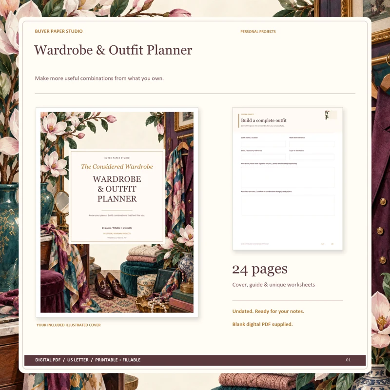 Actual illustrated cover and blank page 10, Build a complete outfit, from the 24-page Wardrobe & Outfit Planner. Printable and fillable US Letter digital PDF.