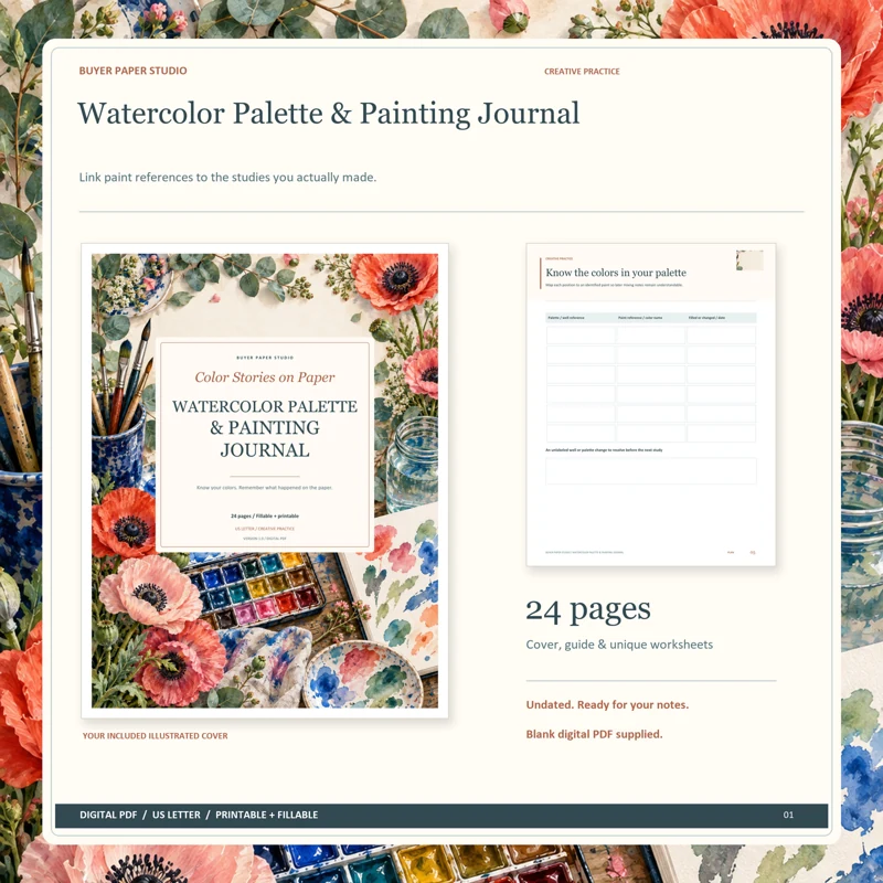 Actual illustrated cover and blank page 5, Know the colors in your palette, from the 24-page Watercolor Palette & Painting Journal. Printable and fillable US Letter digital PDF.