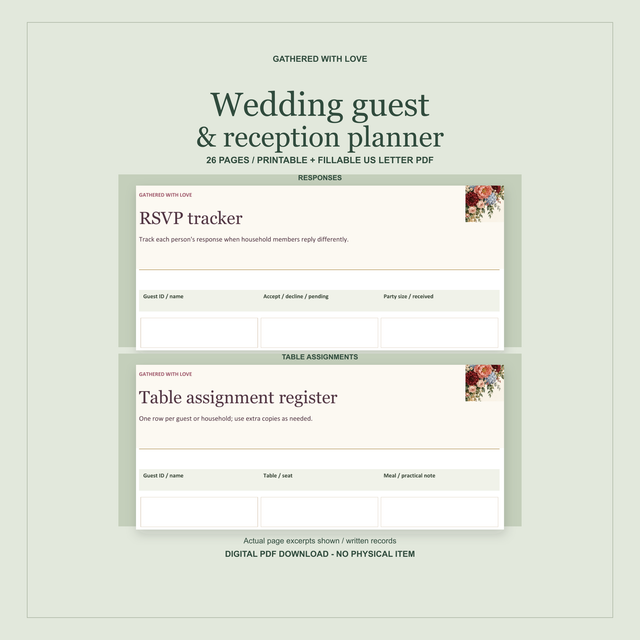 Wedding Guest and Reception Planner showing actual excerpts from the RSVP tracker and Table assignment register in two grouped panels. 26-page printable and fillable US Letter PDF; digital download, no physical item.
