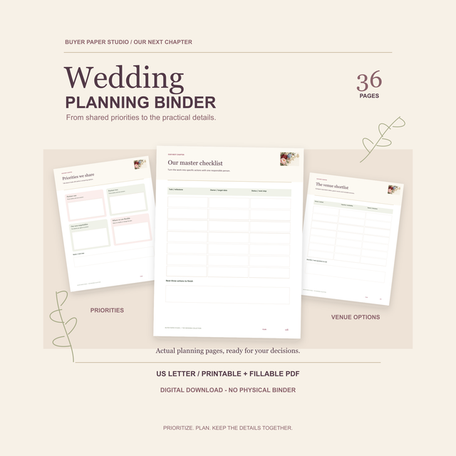 Wedding Planning Binder with the actual Priorities we share, Our master checklist and The venue shortlist pages in an airy editorial arrangement. 36-page printable and fillable US Letter PDF. Digital download; no physical binder.