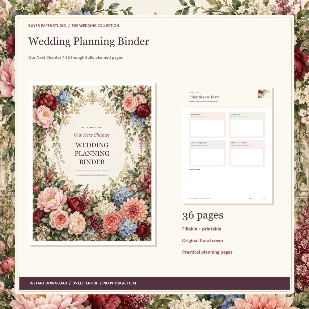 Wedding Planning Binder with colorful floral cover and worksheets