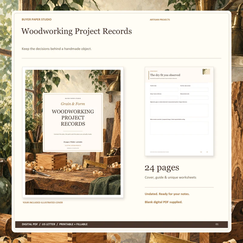 Actual illustrated cover and blank page 16, The dry fit you observed, from the 24-page Woodworking Project Records. Printable and fillable US Letter digital PDF.