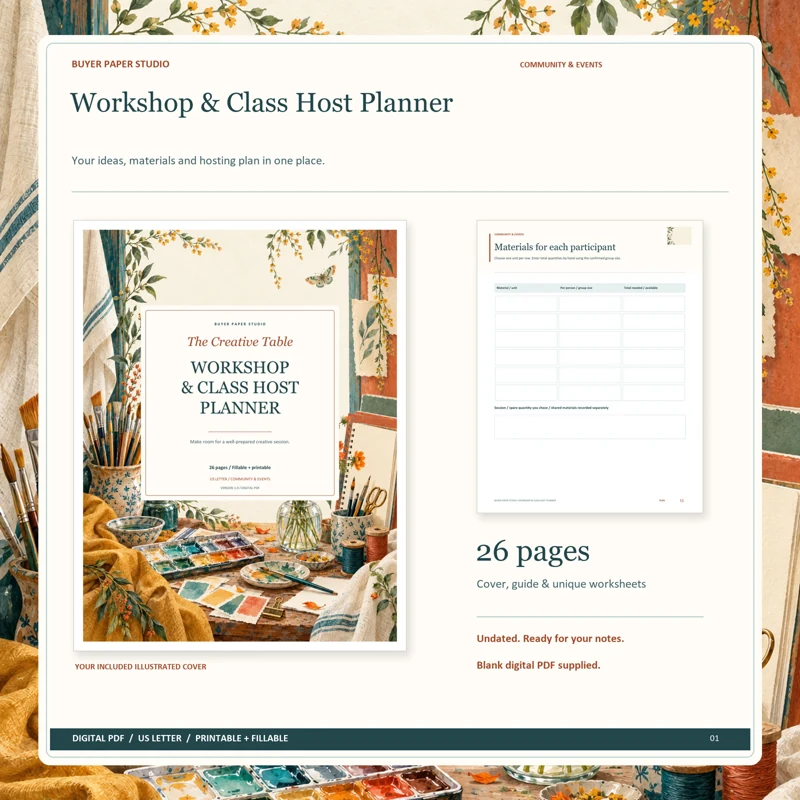 Actual illustrated cover and blank page 13, Materials for each participant, from the 26-page Workshop & Class Host Planner. Printable and fillable US Letter digital PDF.