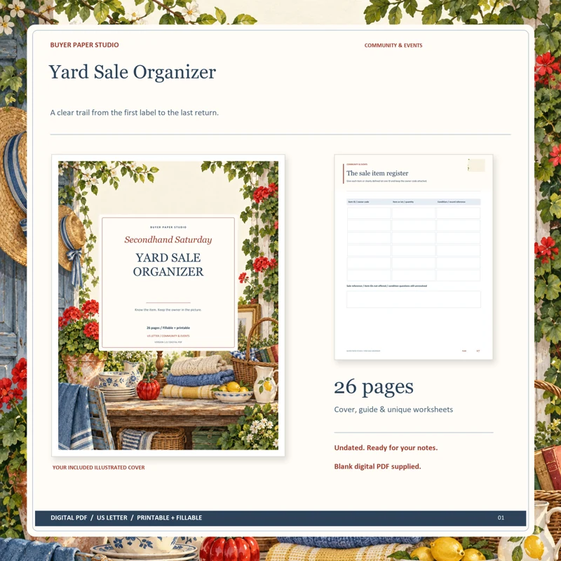 Actual illustrated cover and blank page 7, The sale item register, from the 26-page Yard Sale Organizer. Printable and fillable US Letter digital PDF.