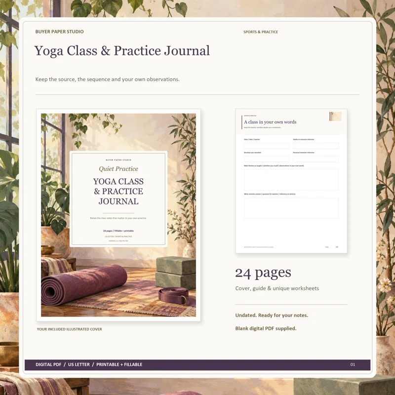 Actual illustrated cover and blank page 8, A class in your own words, from the 24-page Yoga Class & Practice Journal. Printable and fillable US Letter digital PDF.